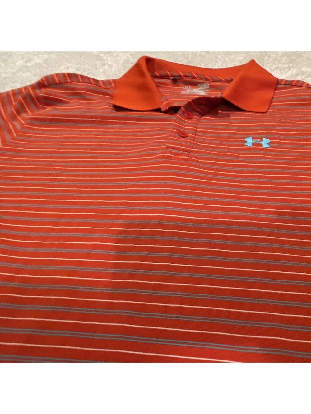 Under Armour HeatGear Men's XL Polo Orange/Blue/Gray/White Striped Logo Button - Picture 5 of 7